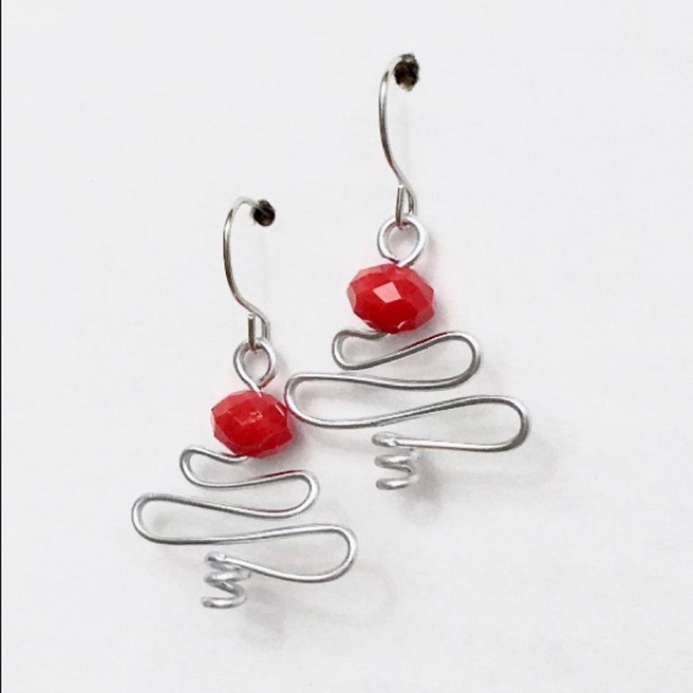 Handmade Holiday Swooping Wire Tree Earrings with Red Accents (silver tone)